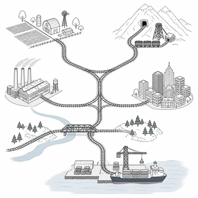 Railroad network connecting farms, mines, factories, cities, and a port.