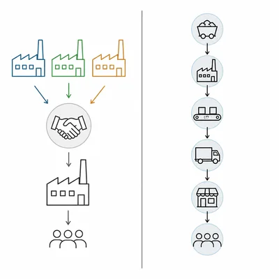 Diagram comparing merging competitors with controlling all stages of production.