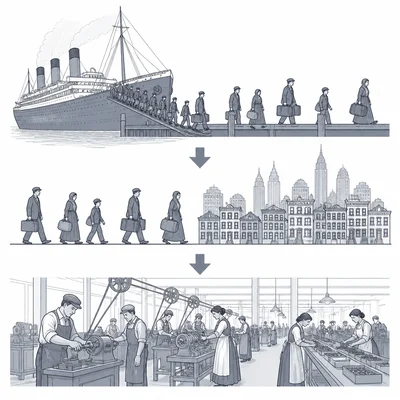 Immigrants arriving by ship and moving toward city housing and factory work.