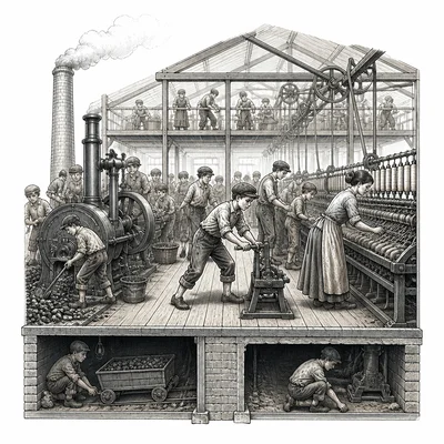 Crowded late nineteenth-century factory with workers, machinery, smoke, and poor conditions.