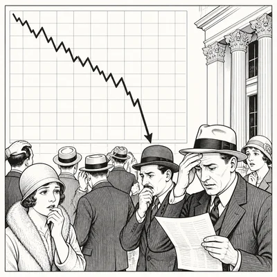 A 1920s stock market scene with a steep falling graph and worried people.