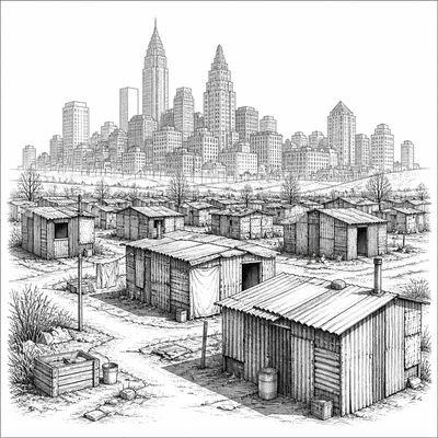 A Great Depression shantytown with makeshift shelters near a city skyline.
