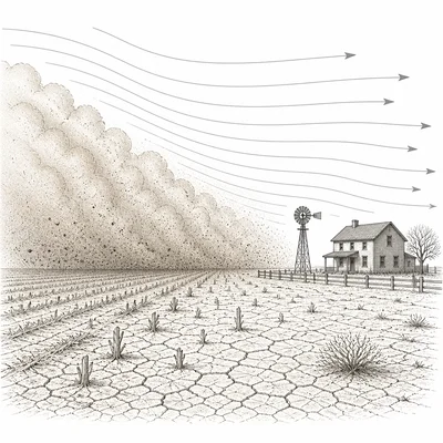 A dust storm moving across a dry farm with cracked soil and a farmhouse.