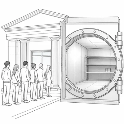People lined up outside a bank while a nearly empty vault is shown inside.