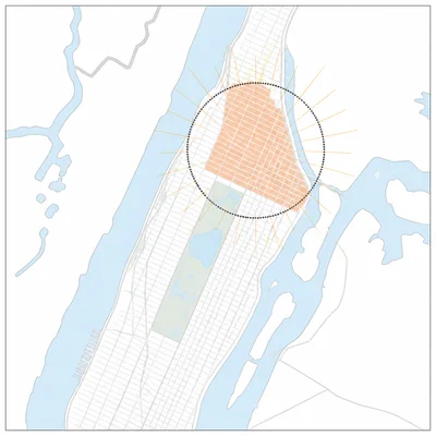 Simplified map of northern Manhattan with Harlem highlighted as an urban cultural hub.