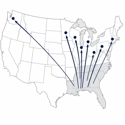 Map showing migration arrows from the southeastern United States to northern cities.