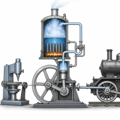 Diagram of a steam engine powering machinery with a small steam locomotive nearby.