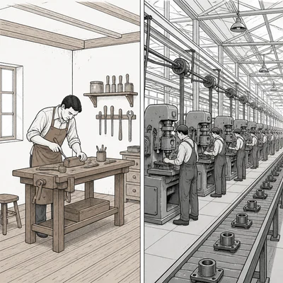 Comparison of a home workshop and a factory production floor.