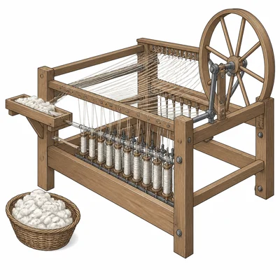Diagram of a spinning jenny with multiple spindles and thread.