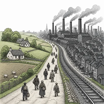 People moving from a rural farm area toward an industrial city.