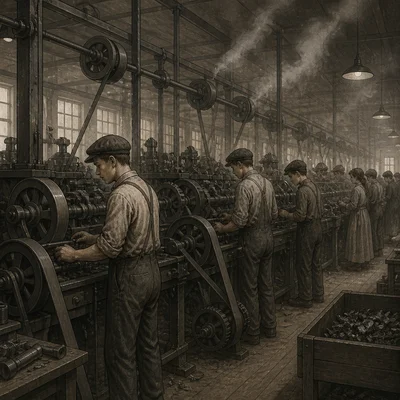 Crowded factory interior with workers operating large machines.