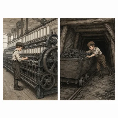Child pushing a coal cart through a narrow mine tunnel.