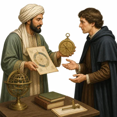 An Islamic scholar shares a manuscript and scientific instrument with a medieval European scholar.