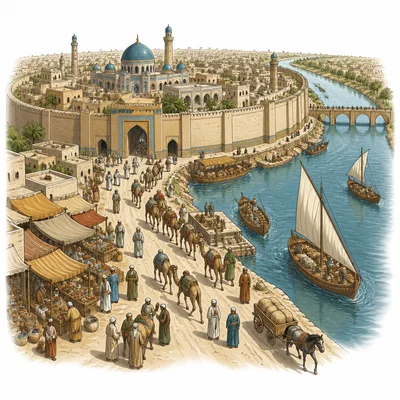 Historical Baghdad shown as a busy walled city beside a river with markets, boats, and caravans.