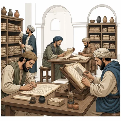 Scholars study, copy, and translate manuscripts inside a large library-like room.