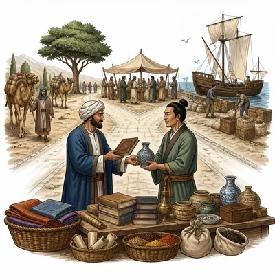 Merchants on land and sea trade routes exchange goods and books at a crossroads market.