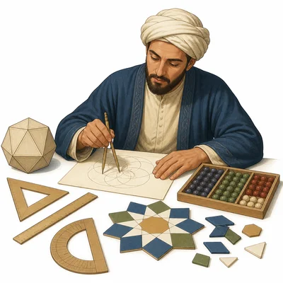 A scholar uses geometric tools, tiles, and counting objects to study mathematics.