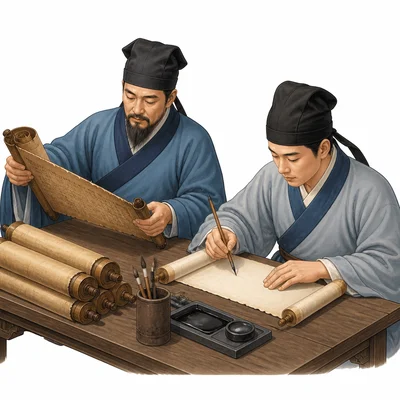 Scholars copy old scrolls into new manuscripts to preserve knowledge.