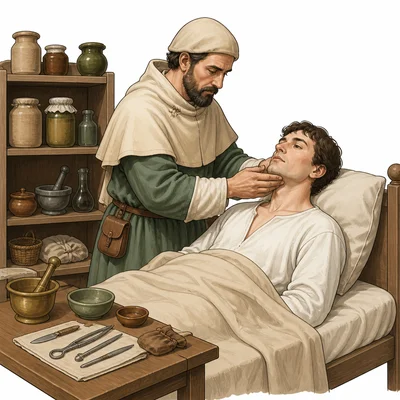 A physician examines a patient in a medieval hospital with medicine jars and tools nearby.
