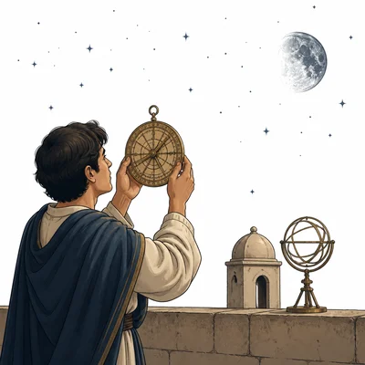 An astronomer observes the moon and stars from a rooftop using an astrolabe.