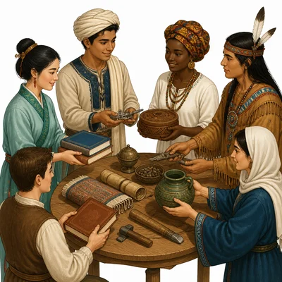 People from different cultures share books, tools, and goods around a table.