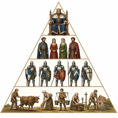 A feudal hierarchy pyramid with king, nobles, knights, and peasants.