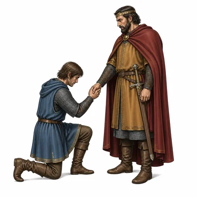 A vassal kneels before a lord during an oath of loyalty.