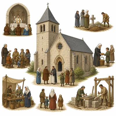 A medieval church serving as the center of village daily life.
