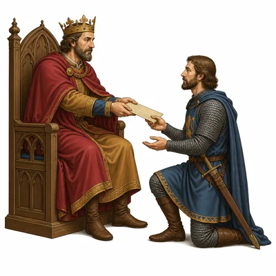 A medieval king granting land or authority to a noble.