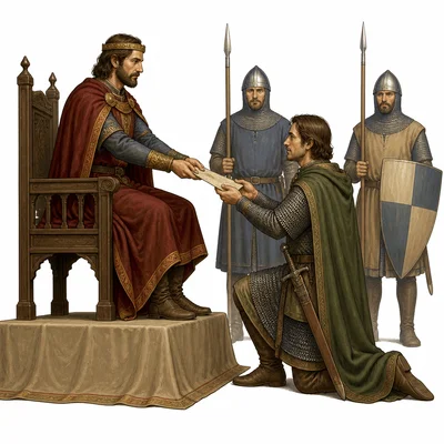 A lord grants land to a kneeling vassal in a medieval ceremony.