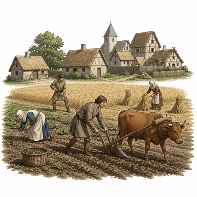 Serfs working in fields near a medieval village.