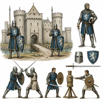 Medieval knights guarding a castle and training with weapons.