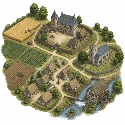 An overhead view of a medieval manor with house, fields, cottages, church, and mill.