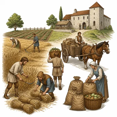 Peasants harvesting crops and delivering goods to a manor.