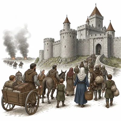 Villagers gather near a castle for protection from danger.