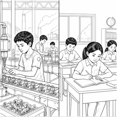 Contrast between child labor in a factory and children attending school.