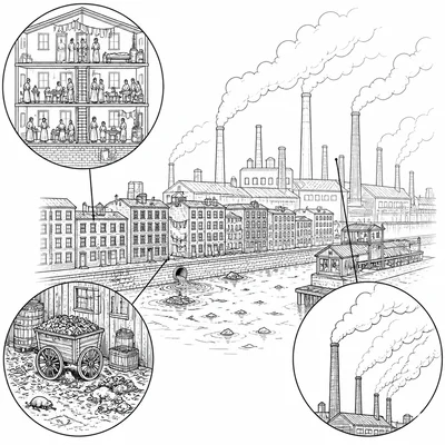 Diagram showing crowded tenements, urban waste, and factory pollution during the Progressive Era.