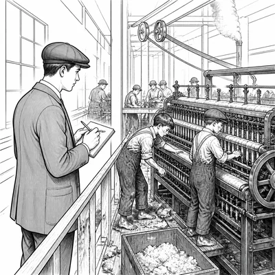 A journalist investigates unsafe factory conditions, representing muckrakers.