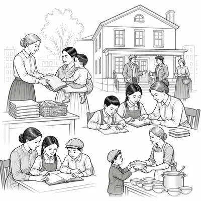 Settlement house scene with families receiving education and assistance.
