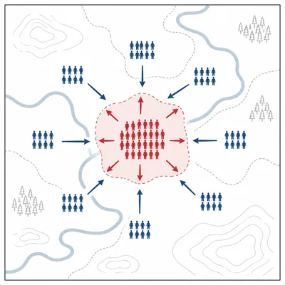 Unlabeled map showing a central red force surrounded by opposing forces during a civil war.