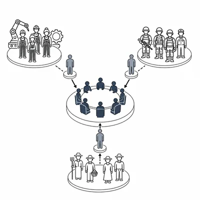 Diagram showing workers, soldiers, and peasants sending representatives to a central council.