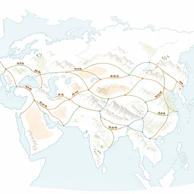 A simplified map showing many connected trade routes across Eurasia.