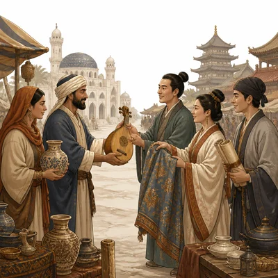 People from different cultures exchanging objects and ideas at a trade crossroads.