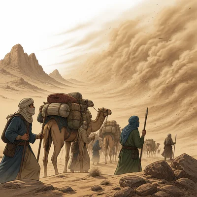 A caravan facing a desert sandstorm and other dangers during long-distance trade.