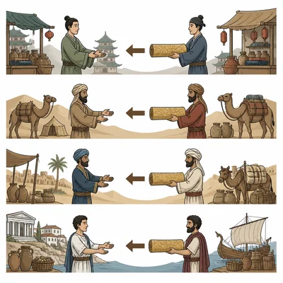Silk being passed through several traders from China toward a Mediterranean port.