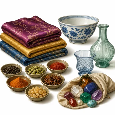 Common Silk Road trade goods including silk, spices, porcelain, glassware, and gems.