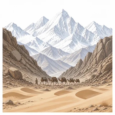 A caravan crossing desert dunes and mountains along a difficult trade route.