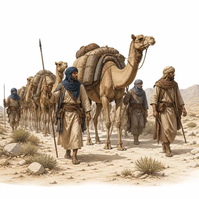 Merchants and loaded camels traveling together in a caravan.