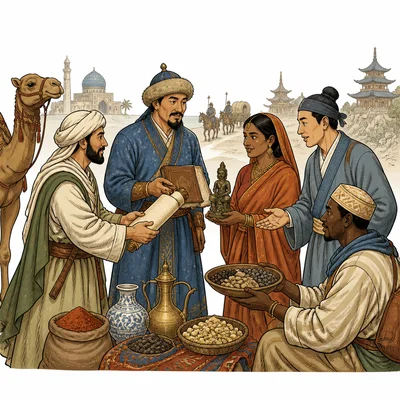 Traders from different cultures sharing goods, books, and art.