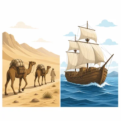 A land caravan and a sea trade ship shown side by side.